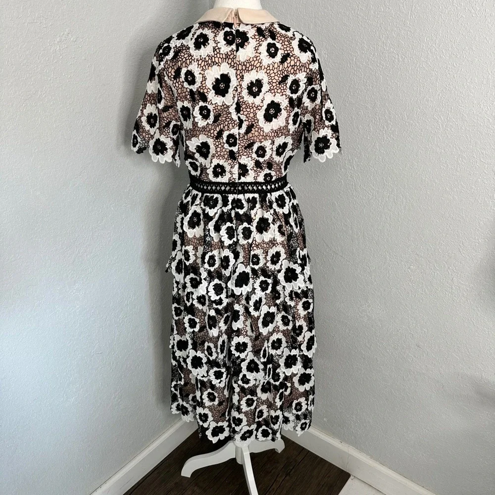 Just Me white black Floral Lace tiered Midi‎ Dress Beige Collar womens size med
